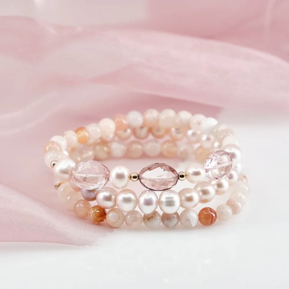 Dainty Bracelet Set, Pearl & Sakura Agate Gemstone Stretch Bracelet, OOAK